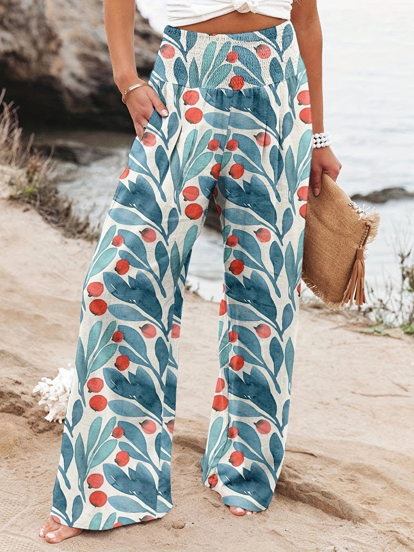 Damen Strandhose Bequem Elastisch Floral