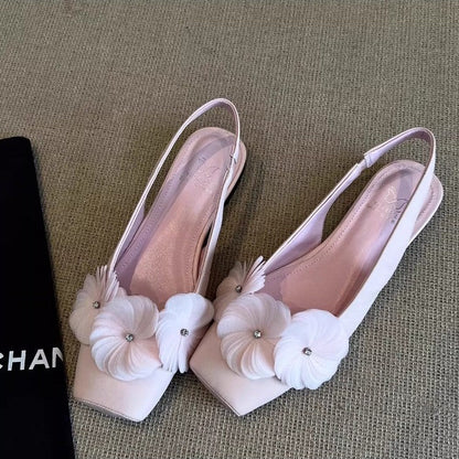 Damen Ballerinas Slingback mit Blumenapplikationen Komfortabsatz