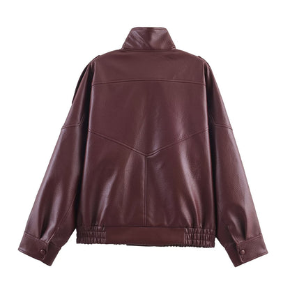 Damen Lederjacke Modern Kragen Taschen