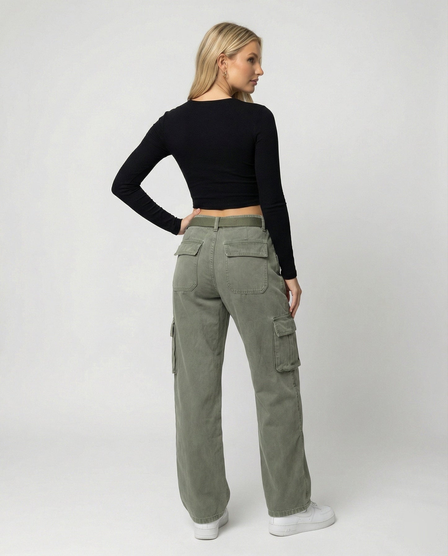 Damen Cargohose Bequem Hochgeschnitten Mit Gürtel
