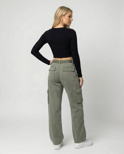 Damen Cargohose Bequem Hochgeschnitten Mit Gürtel