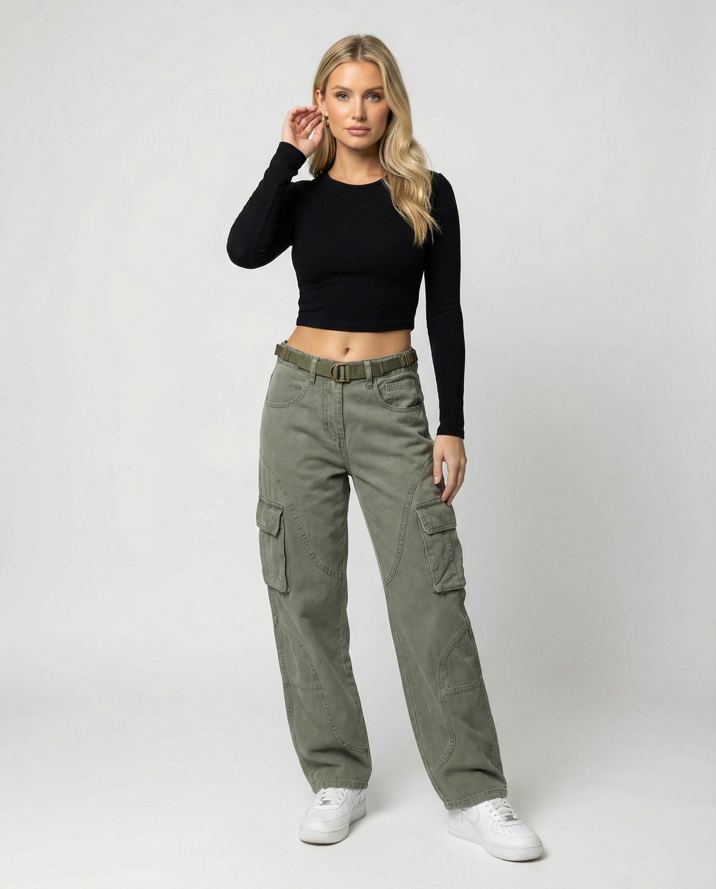 Damen Cargohose Bequem Hochgeschnitten Mit Gürtel