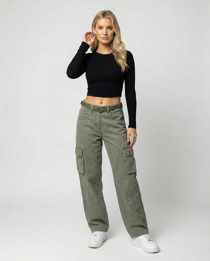 Damen Cargohose Bequem Hochgeschnitten Mit Gürtel