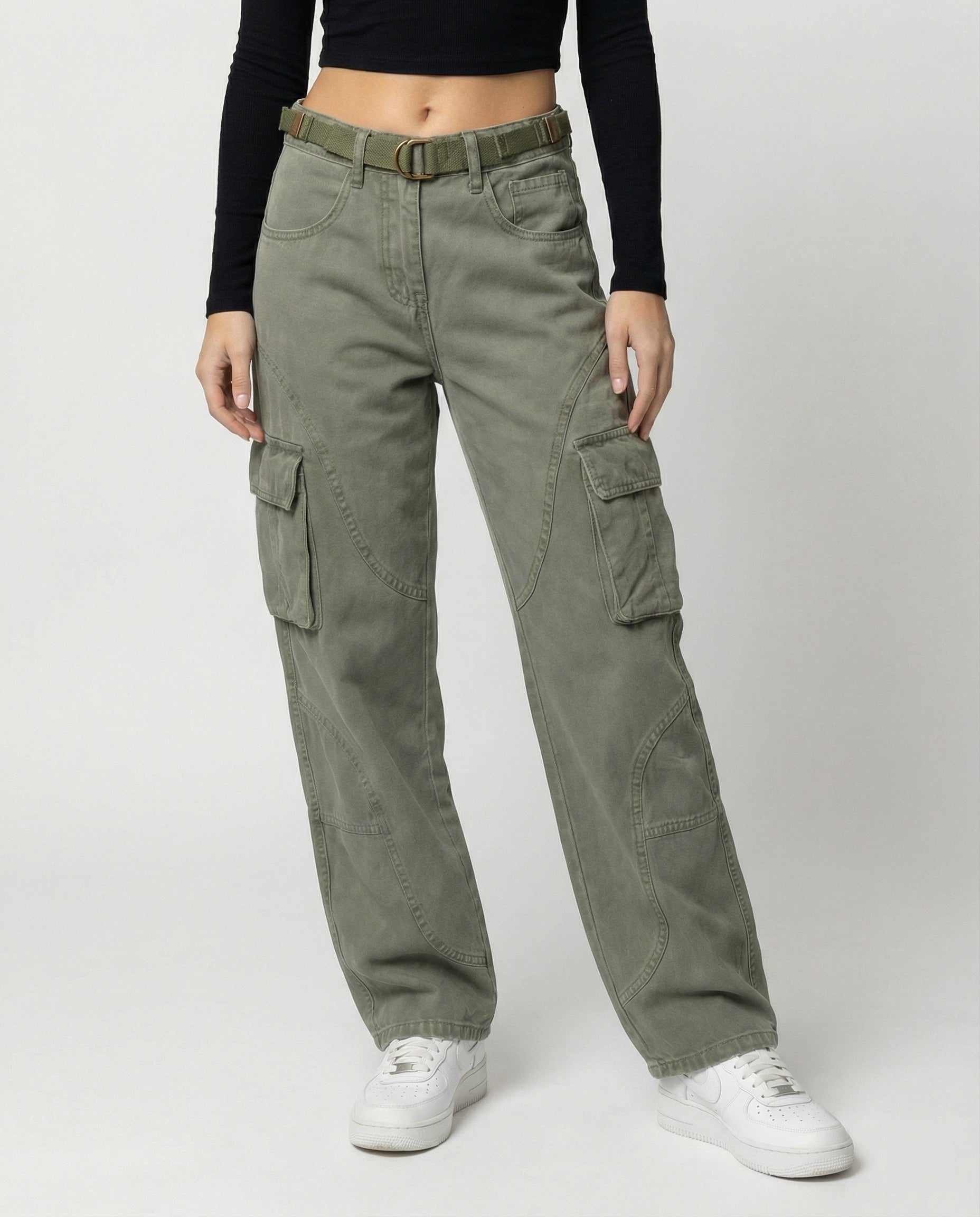 Damen Cargohose Bequem Hochgeschnitten Mit Gürtel - Norvielle