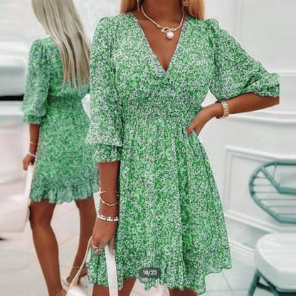 Damen Sommerkleid Blumenmuster V-Ausschnitt Puffärmel - Norvielle