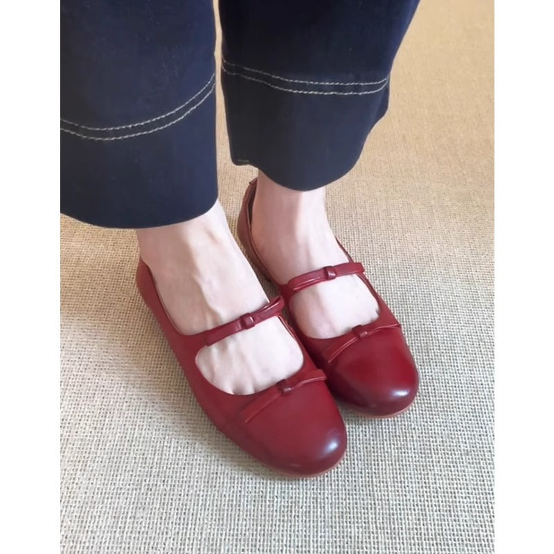 Damen Ballerinas Leder Bequem Riemenverschluss