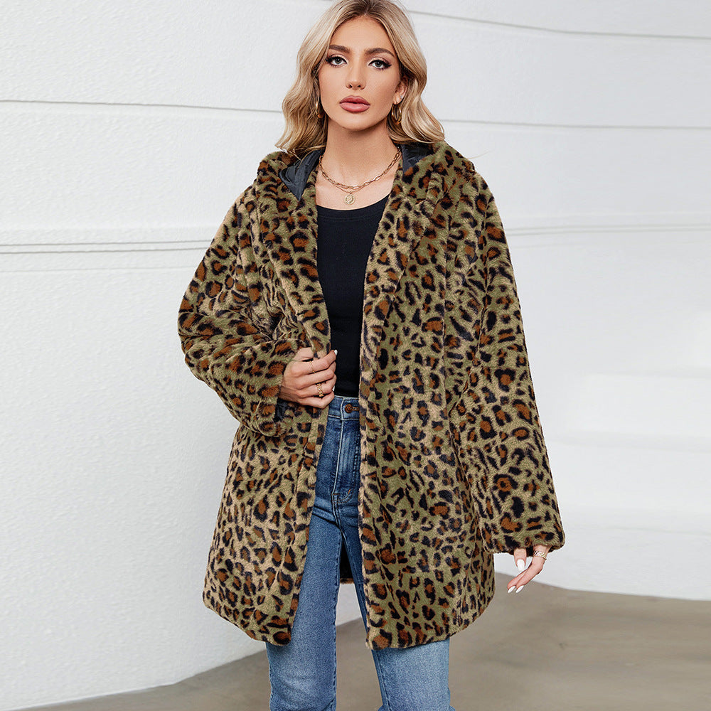 Damen Plüschmantel Leopardenmuster Weich Warm