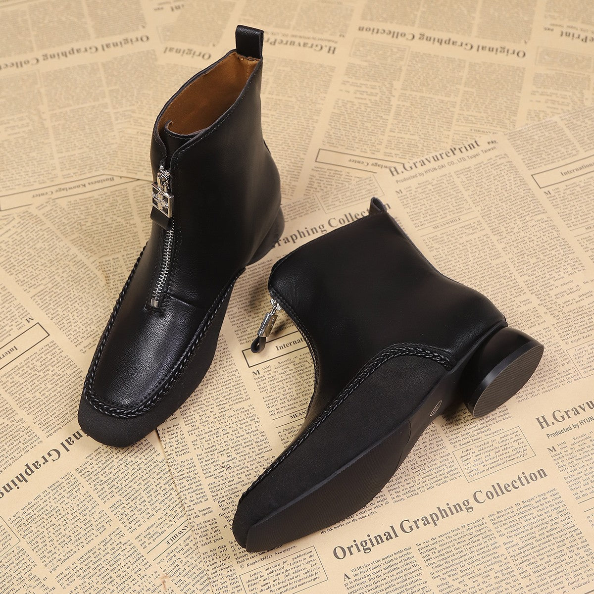 Damen Stiefel Leder Ankle Boots Mit Reißverschluss
