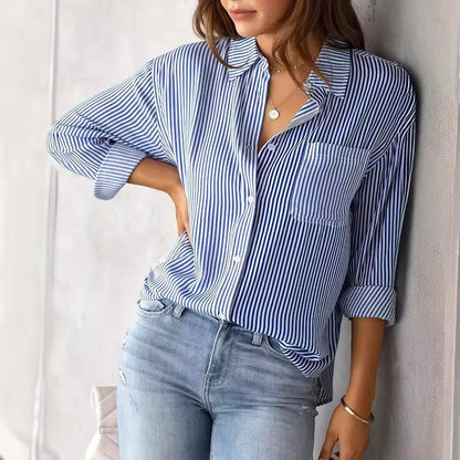 Damen Bluse Lässig Mit Streifenoptik Und Brusttasche