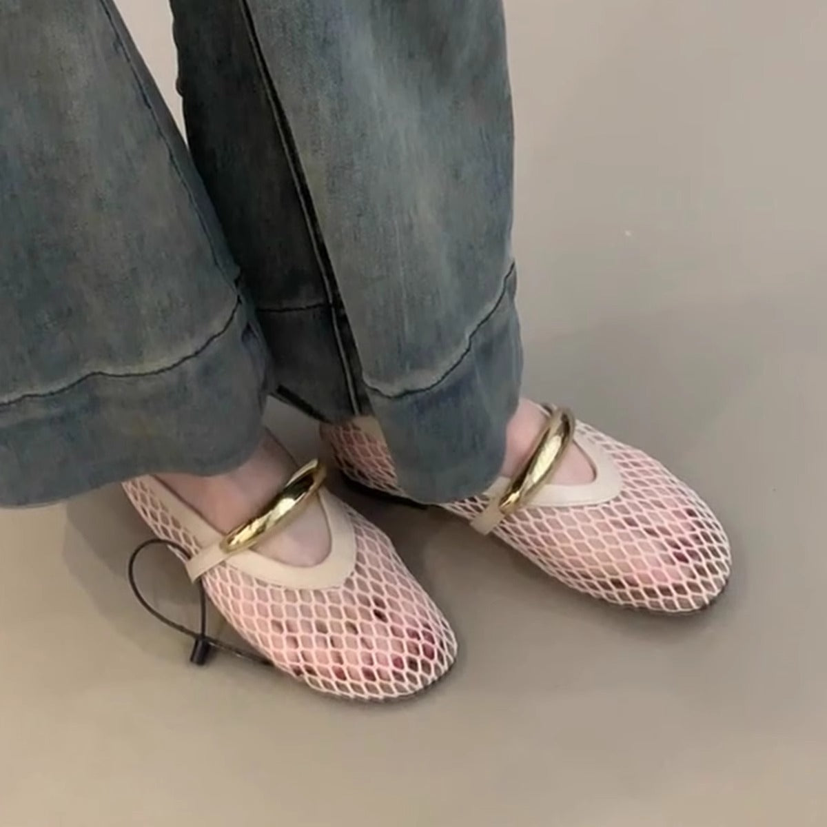Damen Ballerinas Atmungsaktives Mesh Schimmer Optik Riemen