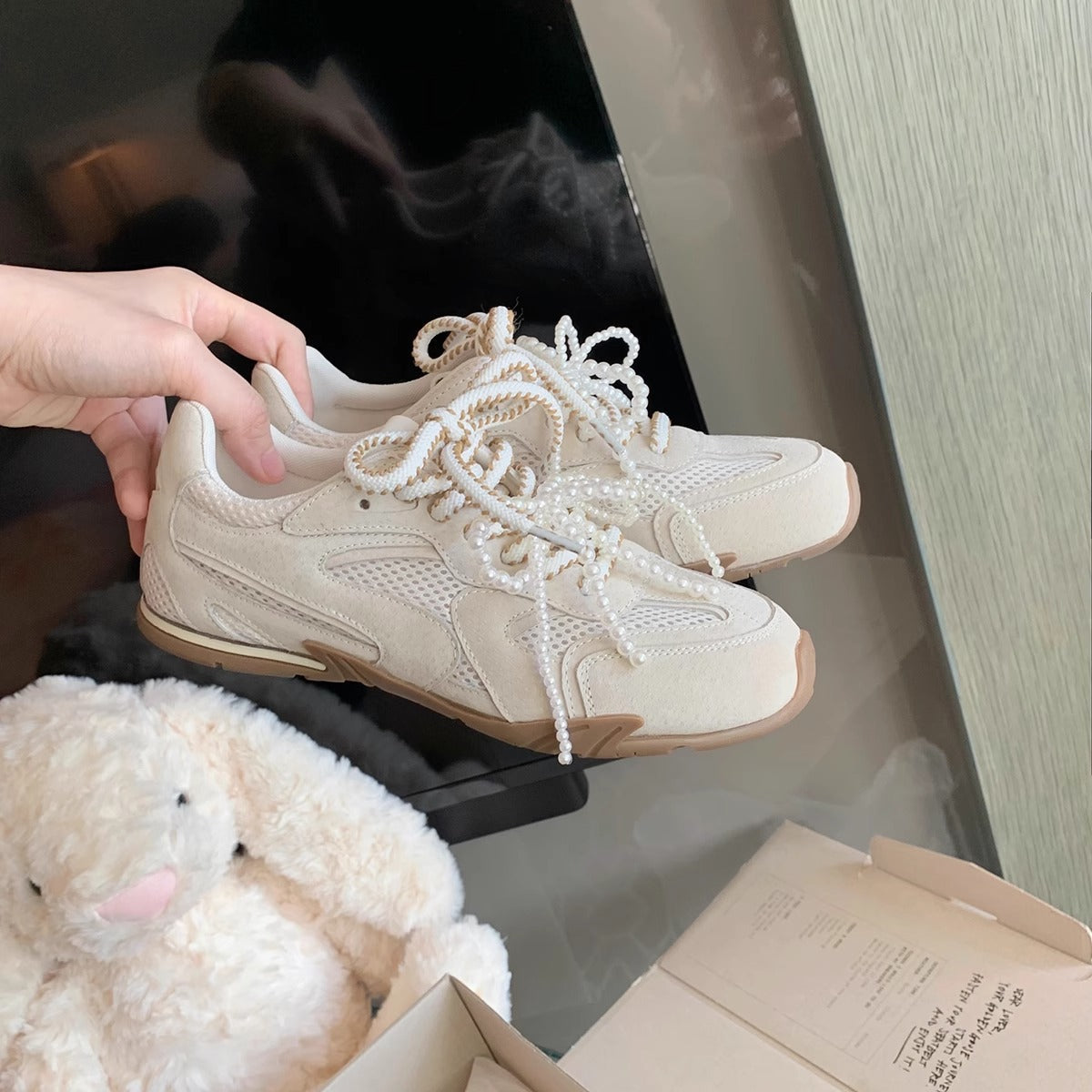 Damen Sneaker Sportlich Perlen Schnürsystem