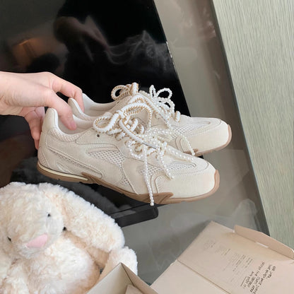 Damen Sneaker Sportlich Perlen Schnürsystem