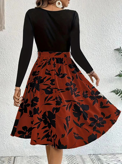 Damen Midikleid Floral Gesmoktes Oberteil