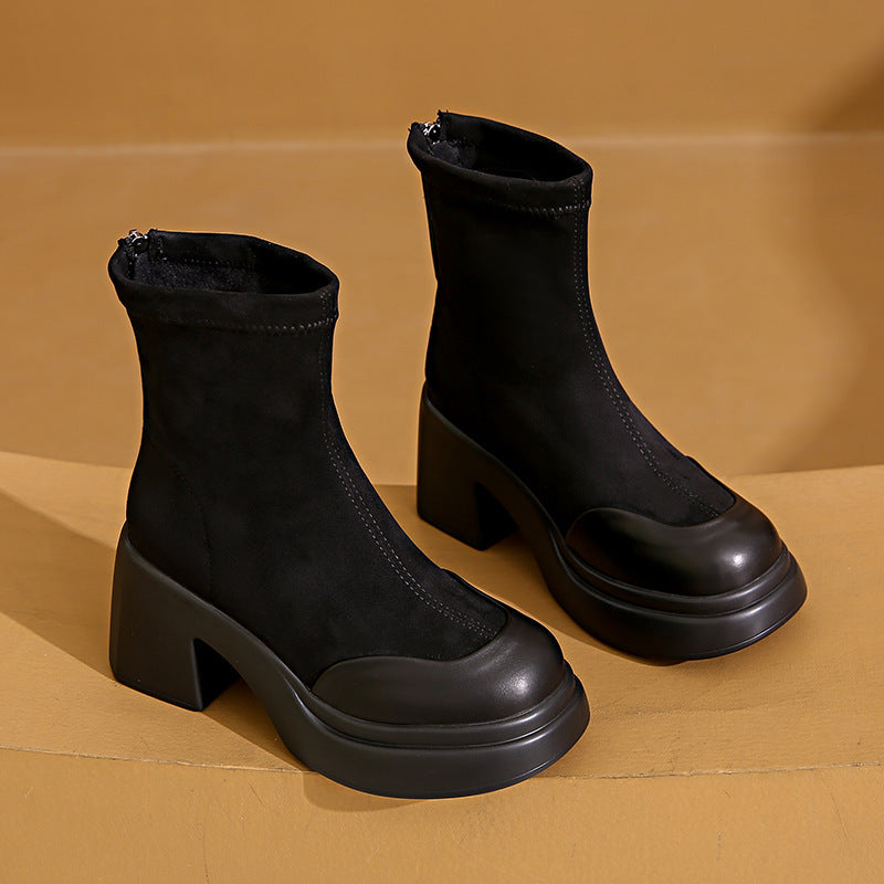 Damen High Heels Stiefel mit Blockabsatz und Reißverschluss