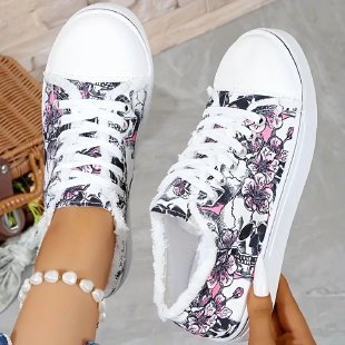 Damen Sneaker mit Floralem Skull-Design Weich