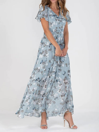 Damen Langarm Maxikleid Chiffon Blumenmuster