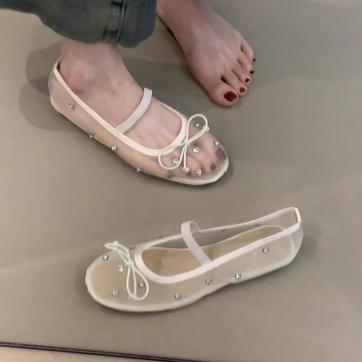 Damen Ballerinas Transparent mit Perlen Schmuck