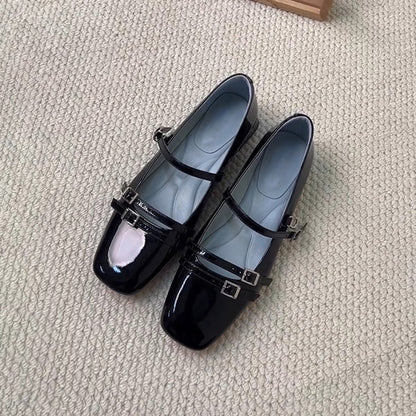 Damen Ballerinas Doppelriemen Glänzend
