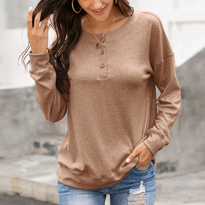 Damen Langarmshirt Rundhals Knöpfe Elegantes Baumwolle