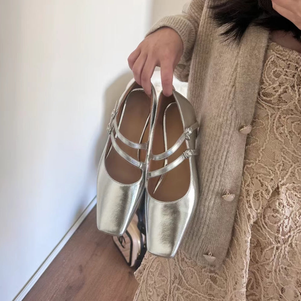 Damen Ballerinas Metallic Doppelriemen Silber