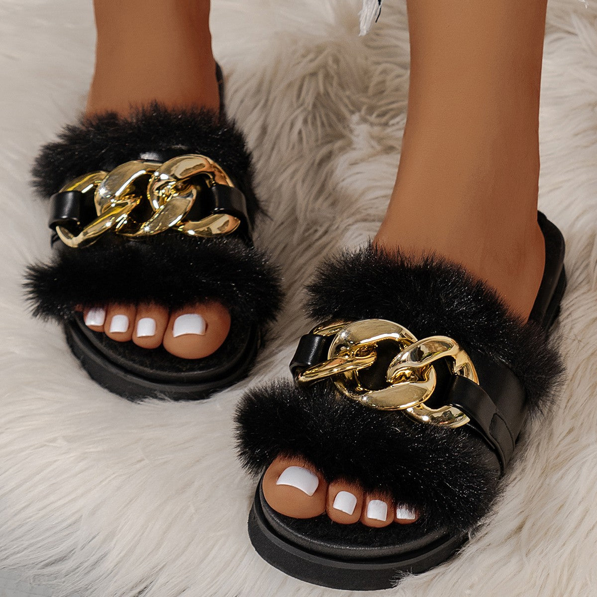 Damen Slides Sandalen Pelzbesatz Glitzerdetails - Norvielle