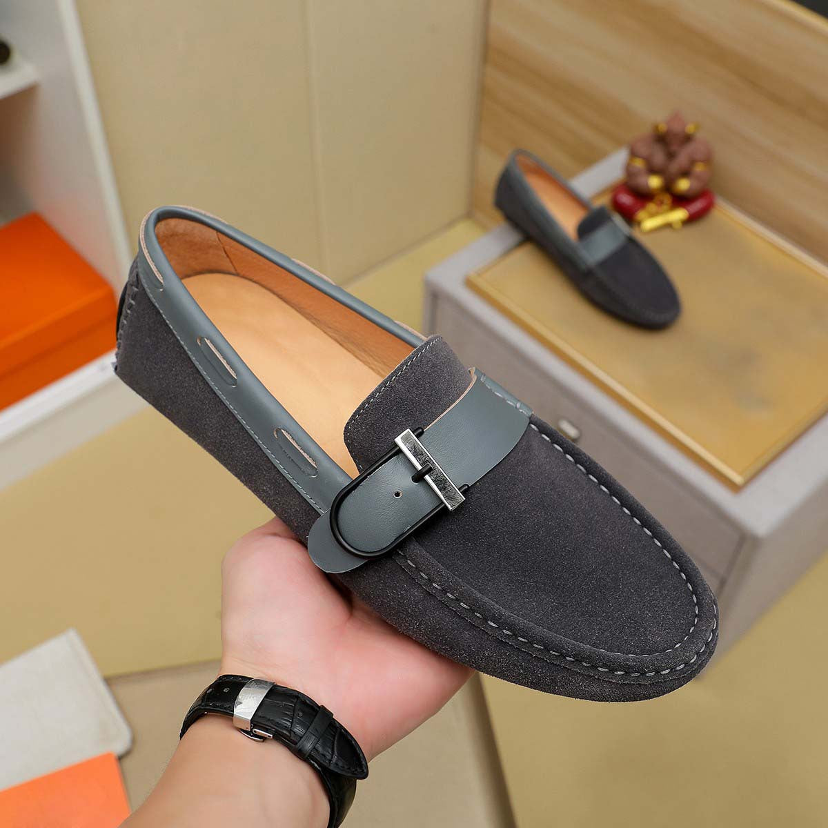 Damen Mokassins Weiches Wildleder Metallverschluss
