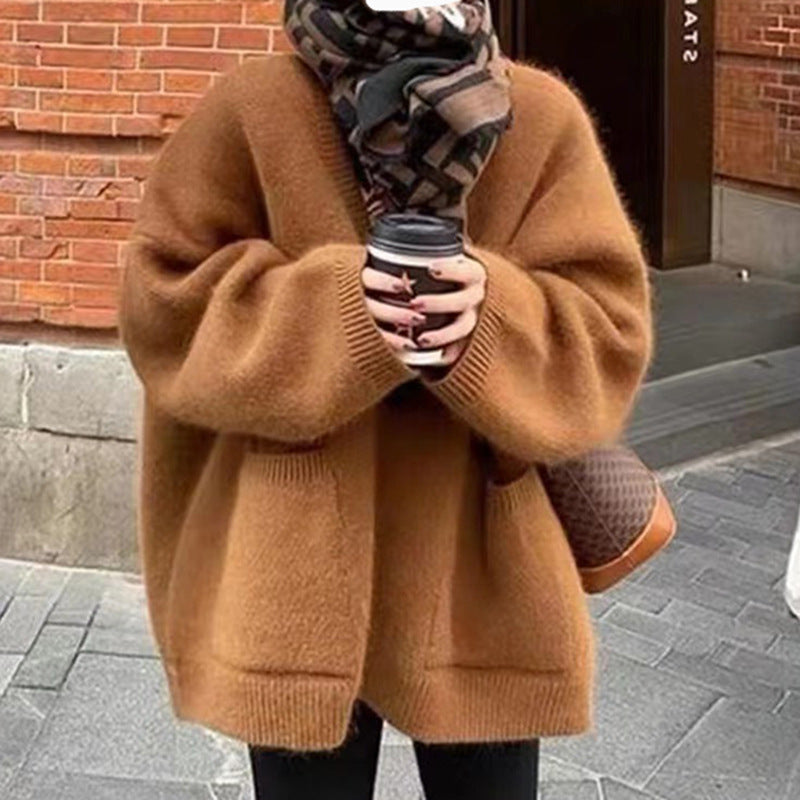 Damen Strickjacke V-Ausschnitt Mit Taschen Lang - Norvielle