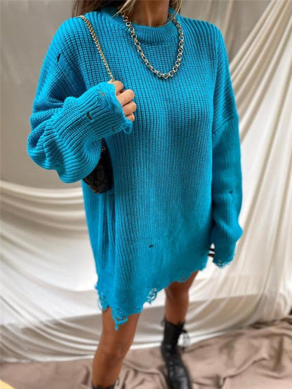 Damen Langkleid Strick Rundhals Lochmuster