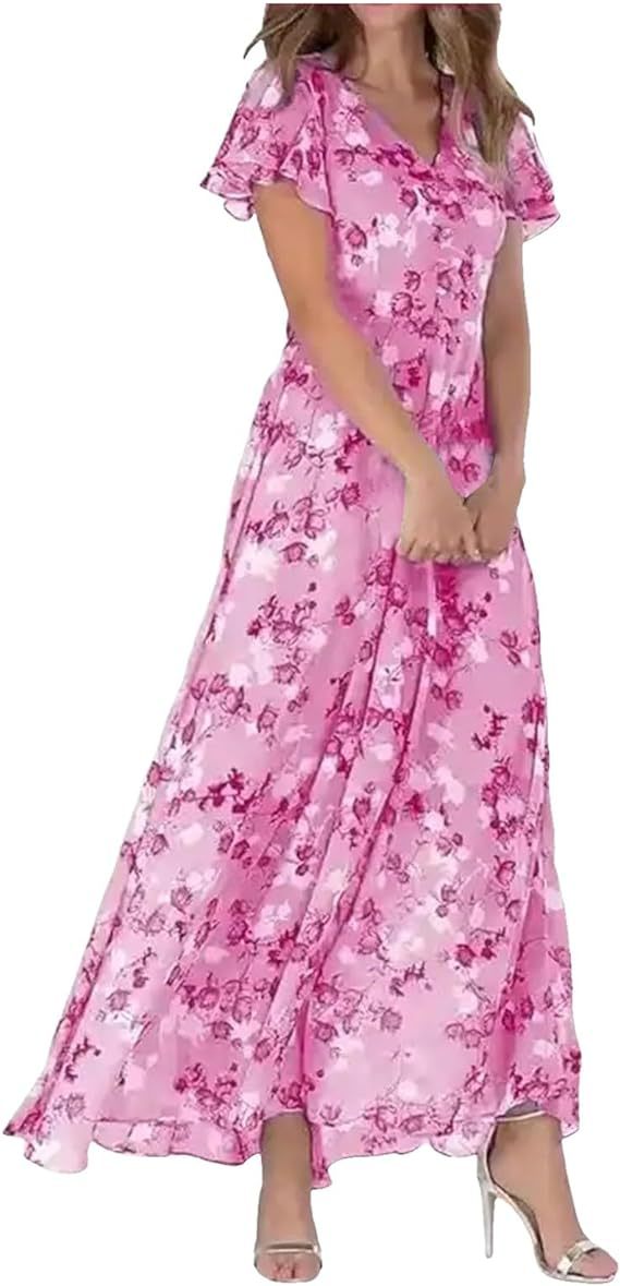 Damen Langarm Maxikleid Chiffon Blumenmuster
