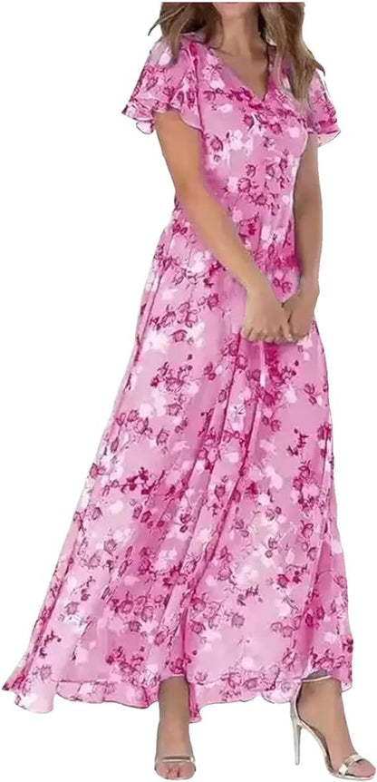 Damen Langarm Maxikleid Chiffon Blumenmuster