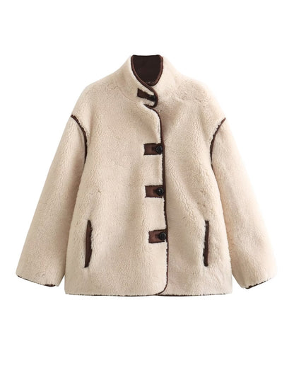 Damen Teddyjacke Stehkragen Warm mit Taschen