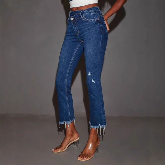 Damenjeans Bootcut mit Fransen Dunkelblau