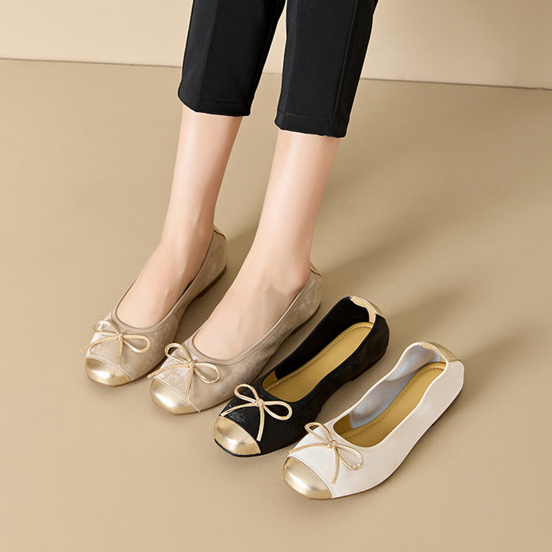 Damen Ballerinas Elegante Schleifen Detail Leder Schwarz - Norvielle