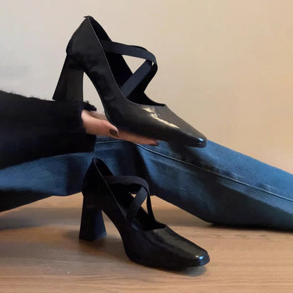 Damen Pumps Riemen Blockabsatz Elegantes Leder Schwarz - Norvielle