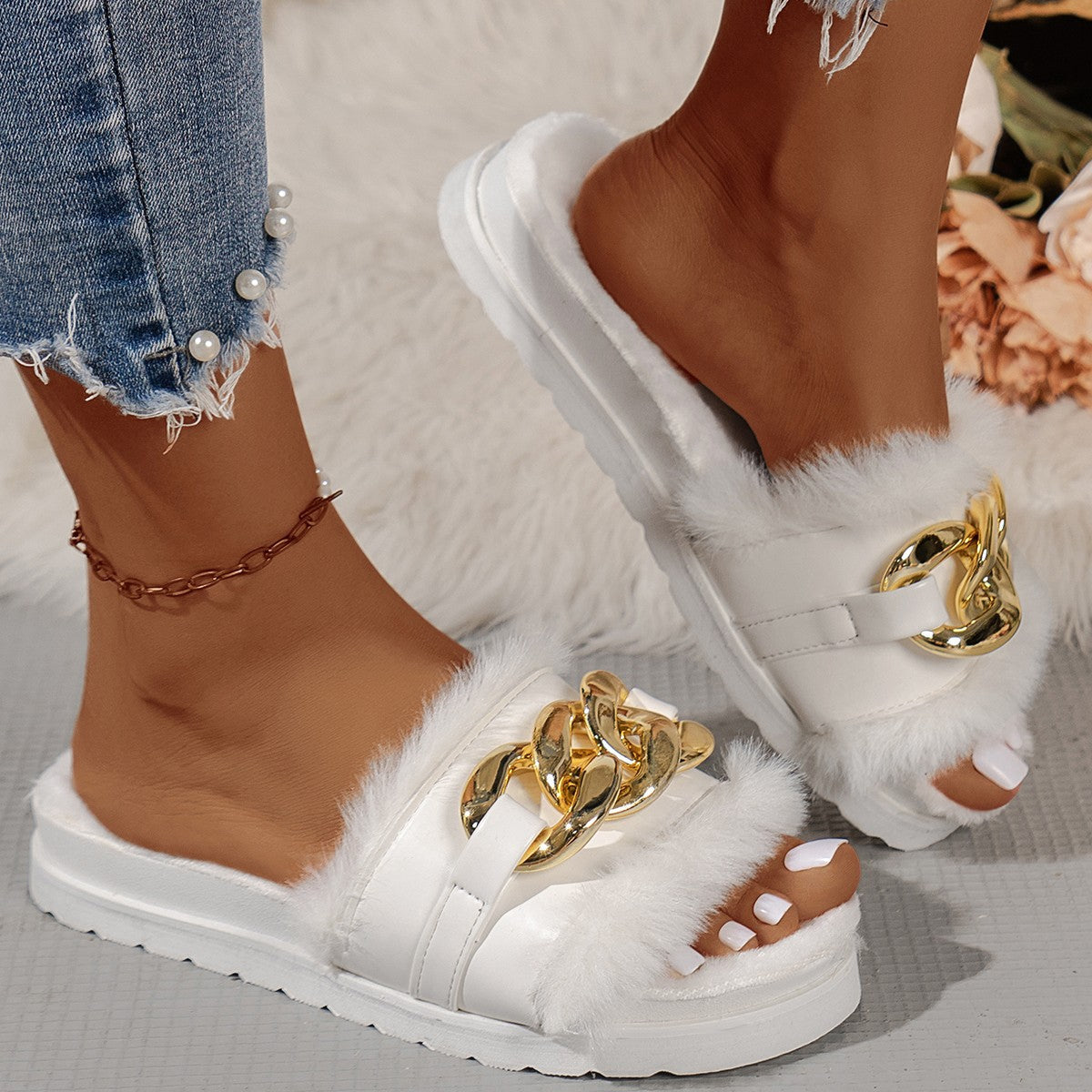 Damen Slides Sandalen Pelzbesatz Glitzerdetails