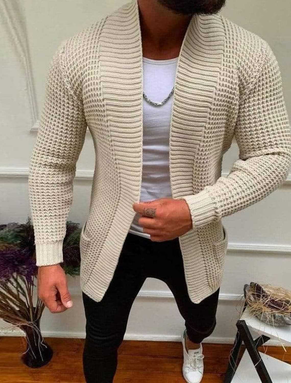 Herren Strickjacke Tiefkragen Modern Struktur Optik