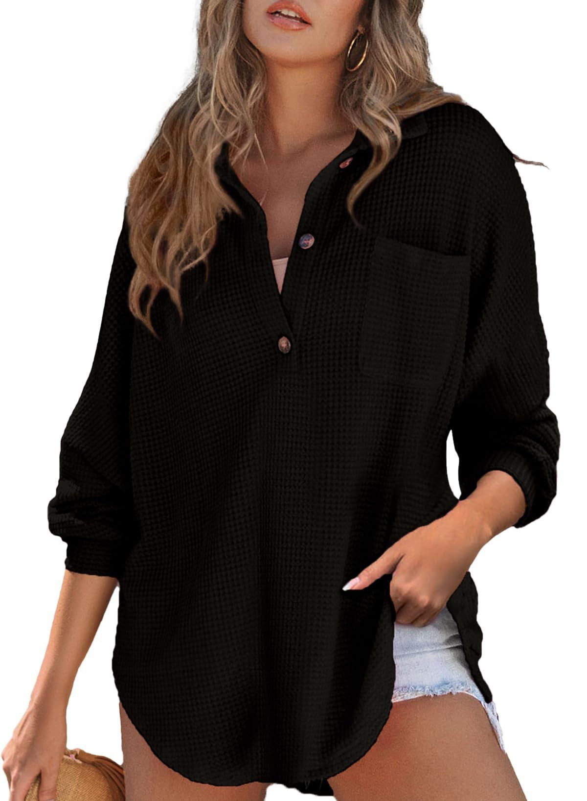 Damen Oversized Baumwollhemd mit Brusttasche und Knöpfen