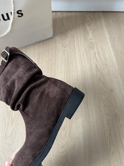 Damen Stiefel Schnalle Falten Design