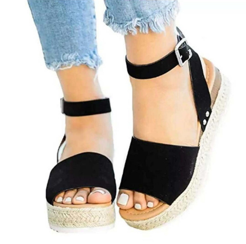 Damen Plateau-Sandaletten Keilabsatz Knöchelriemen Schuhe