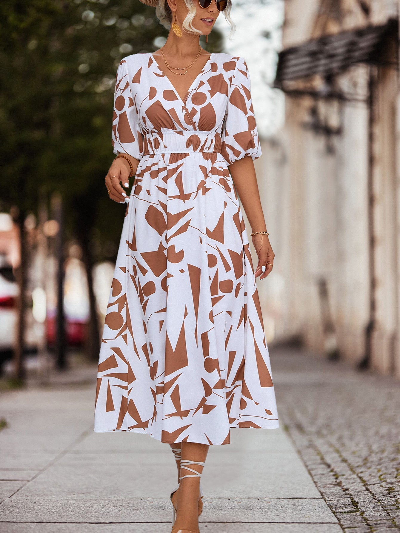 Damen Midikleid Geometrisches Muster Elastisch
