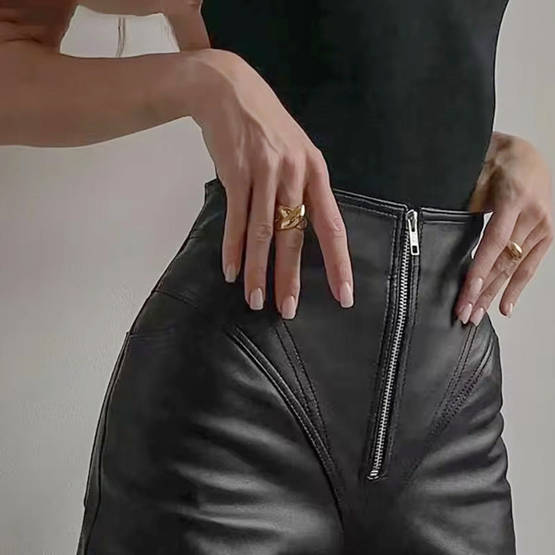 Damenhose Hochgeschnitten Kunstleder Schwarz - Norvielle