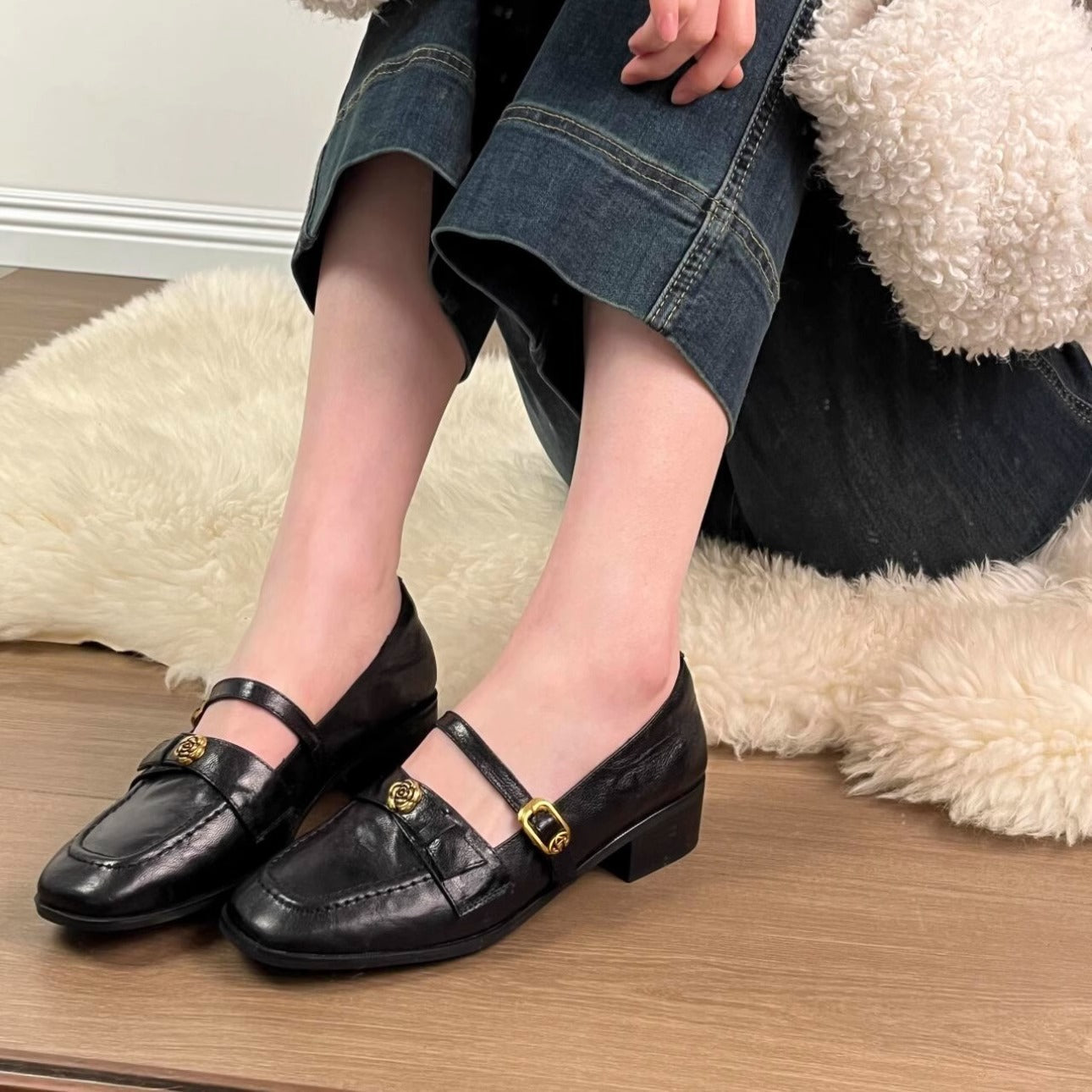 Damen Ballerinas Elegant Verstellbarer Riemen Gold
