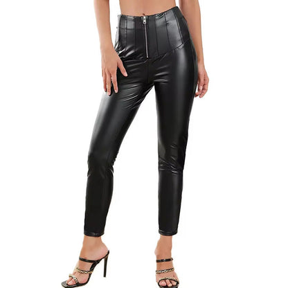 Damen Stretchhose Kunstleder Reißverschluss Schwarz - Norvielle