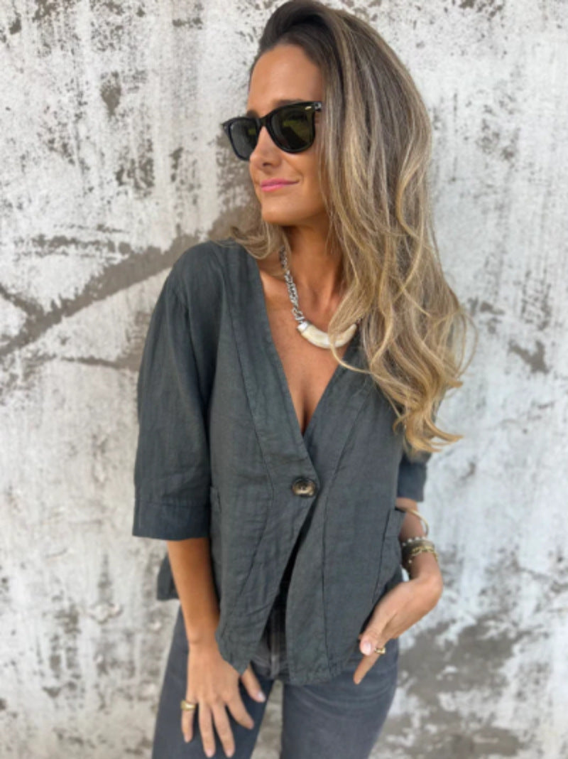 Damen Leinenblazer Kurzarm Leicht