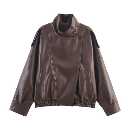 Damen Lederjacke Modern Kragen Taschen