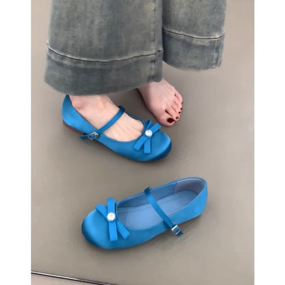 Damen Ballerinas Schleifen Komfort Riemenverschluss