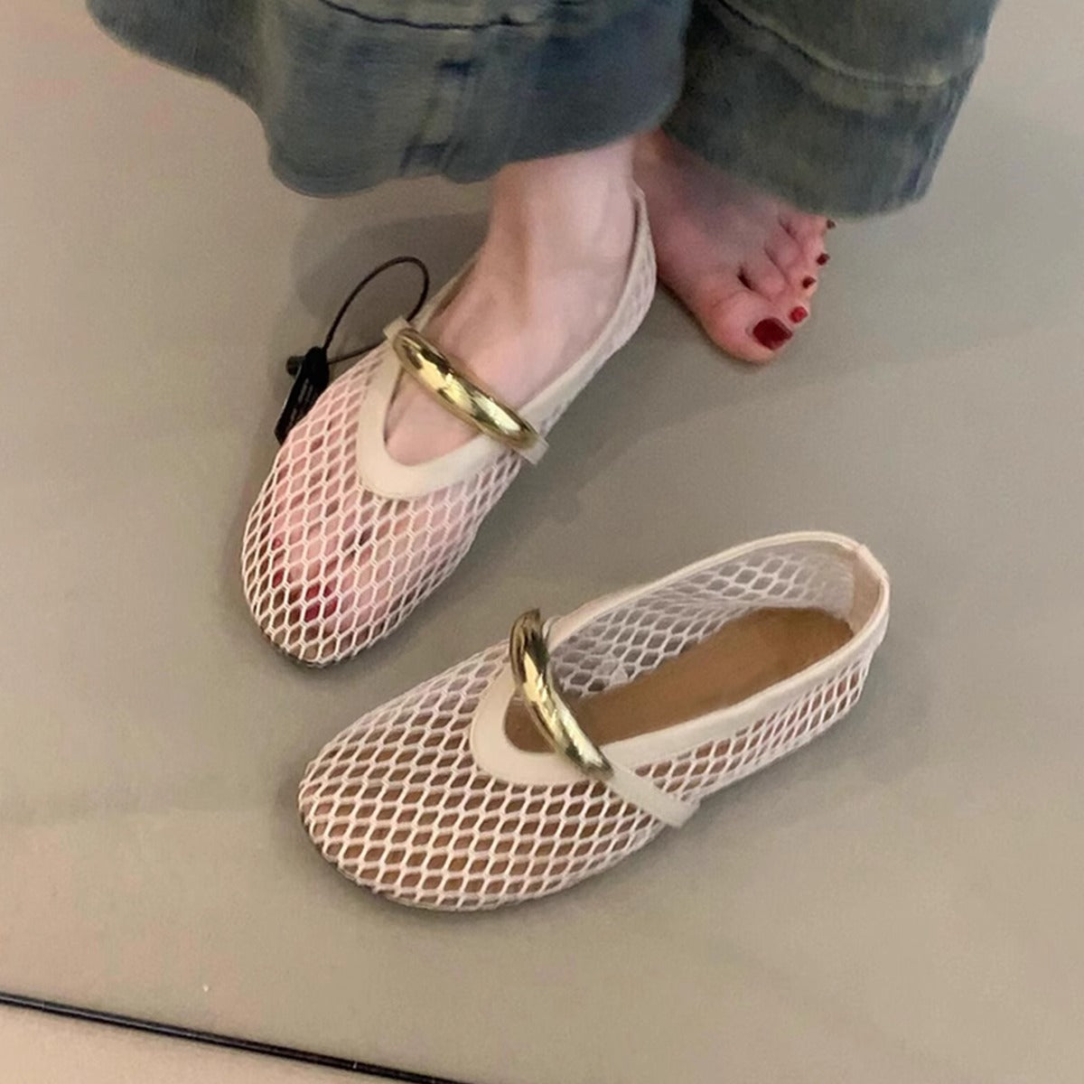 Damen Ballerinas Atmungsaktives Mesh Schimmer Optik Riemen Schwarz - Norvielle