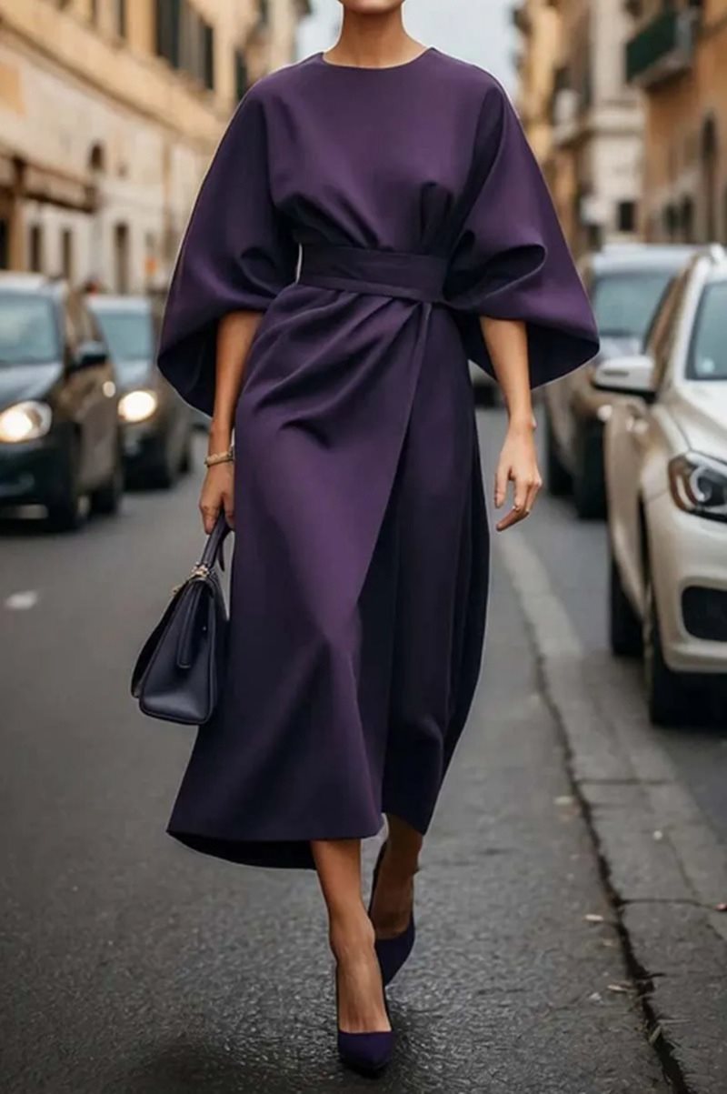 Damen Midikleid Puffärmel Elegant