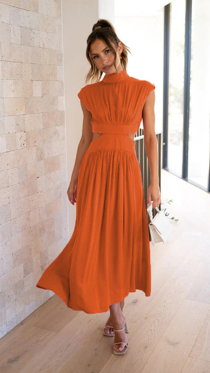 Damen Maxikleid Stehkragen Elegant Cut Out