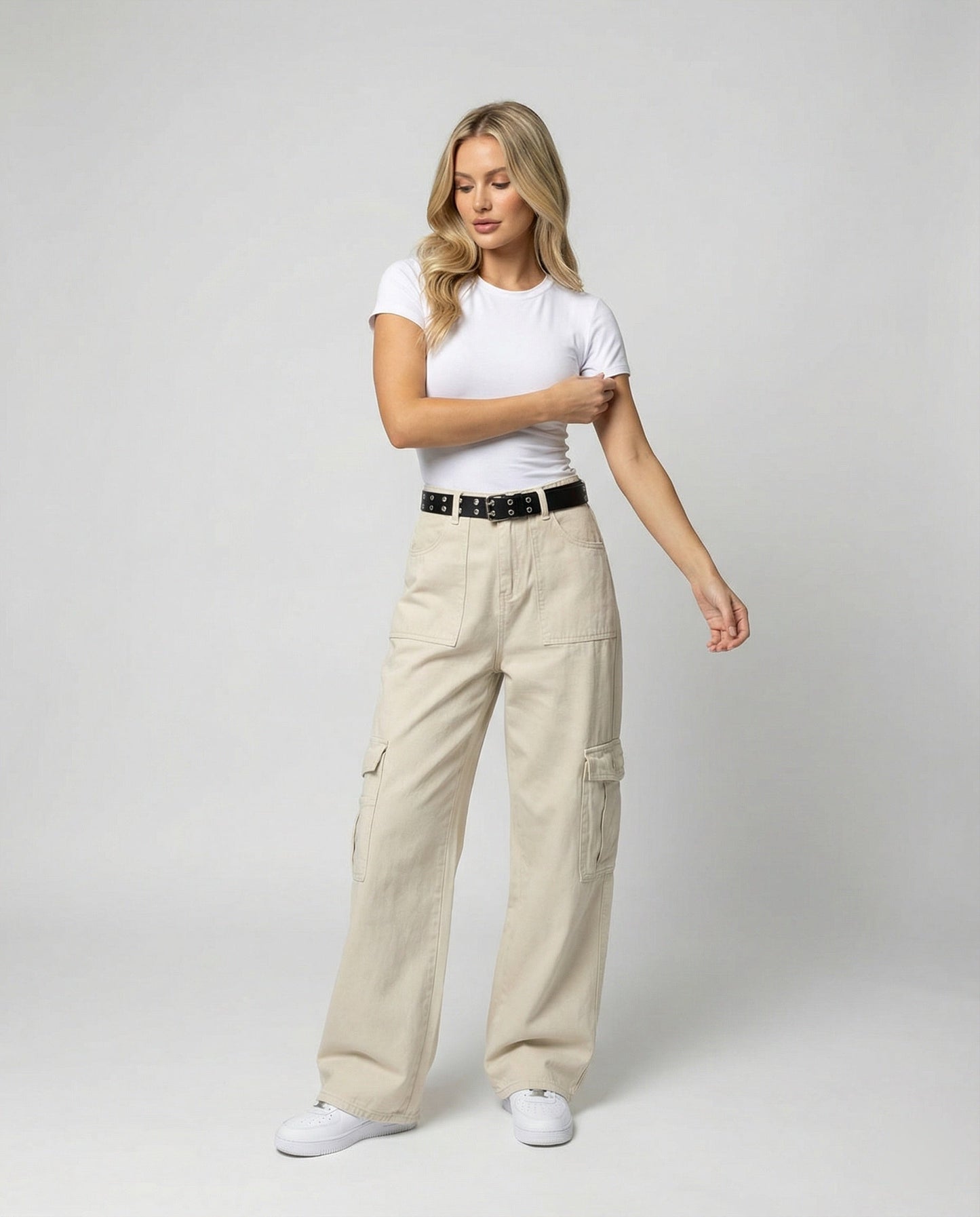 Damen Cargo-Hose Weitbein Großtaschen Gürtelschlaufen
